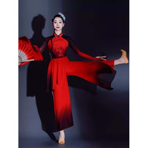 Women Girls Red Gradient Chinese Folk classical dance costume Flowing modern Jiaozhou Yangge fan Umbrella dance Dresses test set